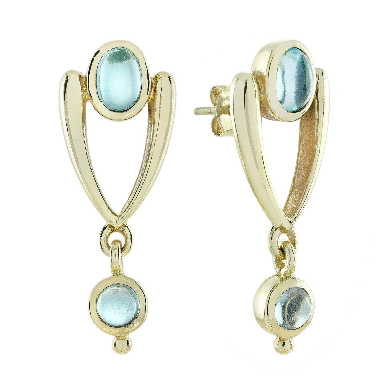 9K Yellow Gold Natural Cabochon Blue Topaz Vintage Style Drop Earrings: CHARACTERISTICSOrigin: ThailandMetal: Solid 9K Yellow Gold Earrings Size: 11 x 29 mm.Total Gemstones Weight: 2.60 carat (approx.)Total Gram Weight: 4.35 g. (approx.)*Pictures have been enlarged to sho