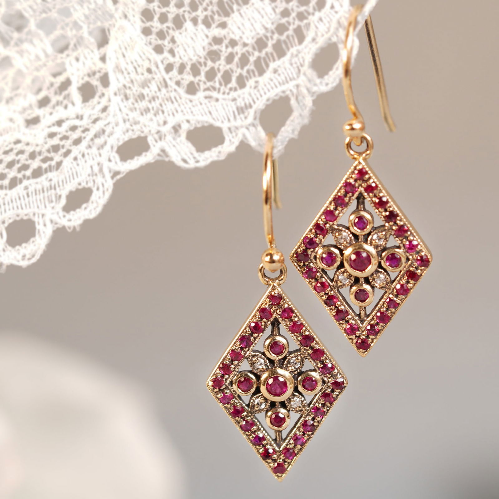 9K Gold Natural Ruby and Diamond Vintage Style Geometric Drop Earrings (1 of 7)
