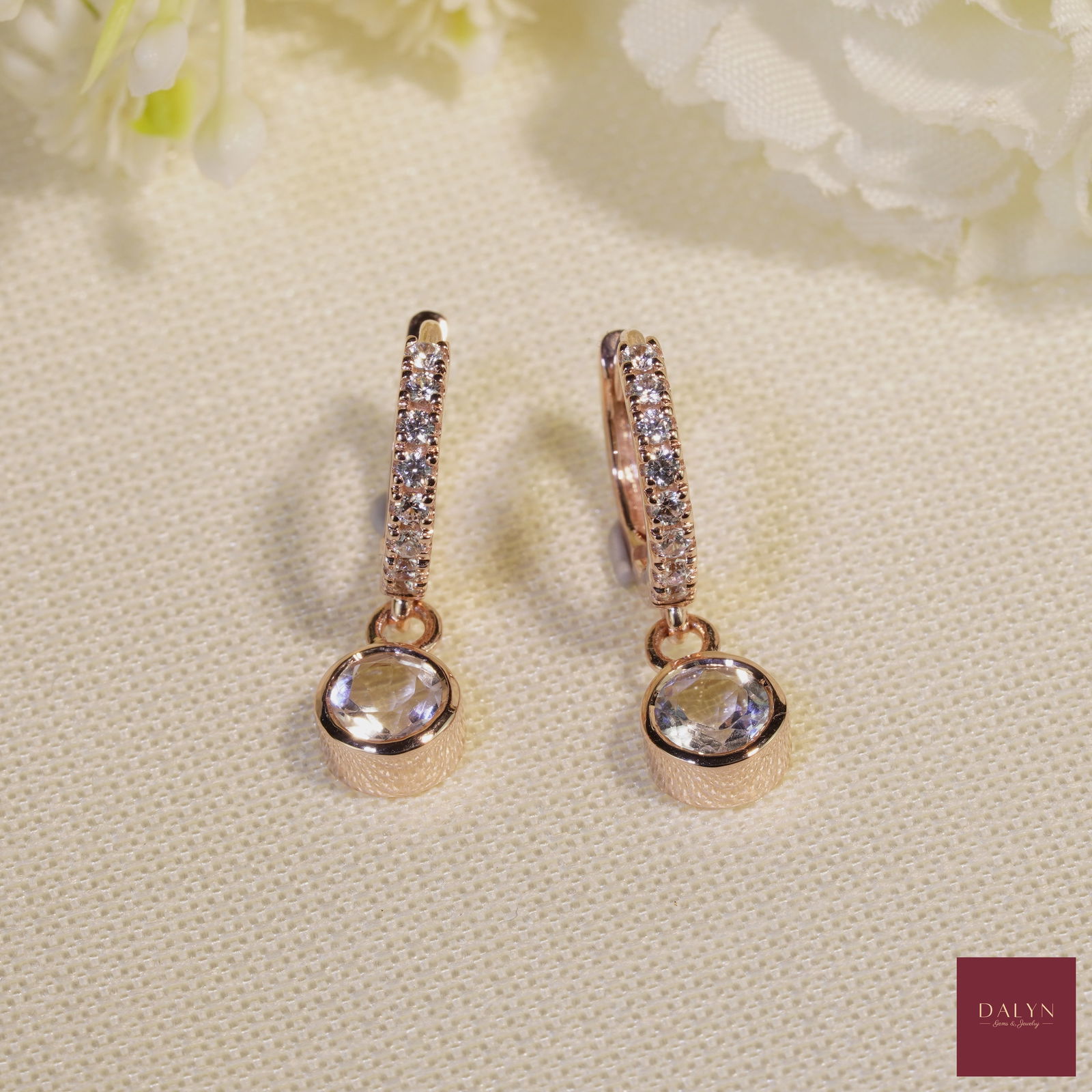 18K Rose Gold Plate Sterling Silver Natural Garnet and White Zircon Drop Earrings: 18K Rose Gold Plate Sterling Silver Natural Garnet and White Zircon Drop Earrings Stone: Natural Garnet and White Zircon Metal: Gold plated silver 925 Approx. Weight: 3.07 g. Approx. Gemstone Weight: