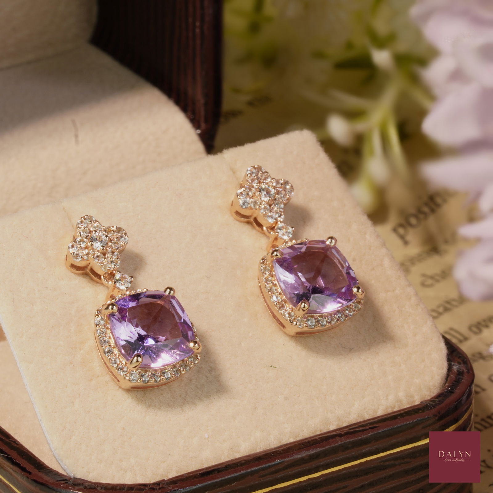 18K Rose Gold Plate Sterling Silver Natural Pink Amethyst and White Zircon Dangle Earrings: 18K Rose Gold Plate Sterling Silver Natural Pink Amethyst and White Zircon Dangle Earrings Stone: Natural Pink Amethyst and White Zircon Metal: Gold plated silver 925 Approx. Weight: 4.22 g. Approx. G