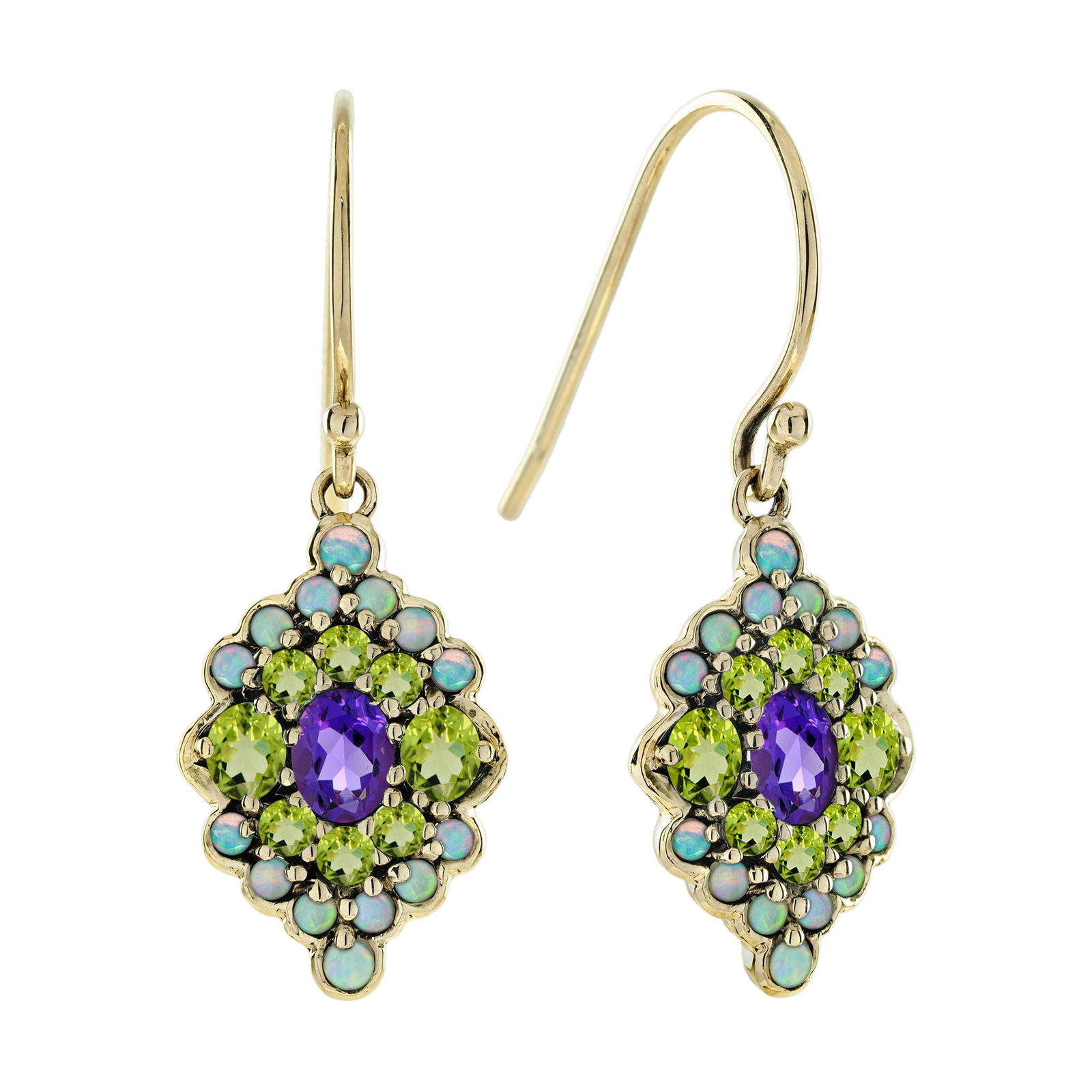 9K Gold Natural Amethyst Peridot and Opal Vintage Style Drop Earrings: CHARACTERISTICSOrigin: ThailandMetal: Solid 9K Yellow Gold Earrings Size: 10 x 28 mm.Total Gemstones Weight: 1.00 carat (approx.)Total Gram Weight: 1.52 g. (approx.)*Pictures have been enlarged to sho