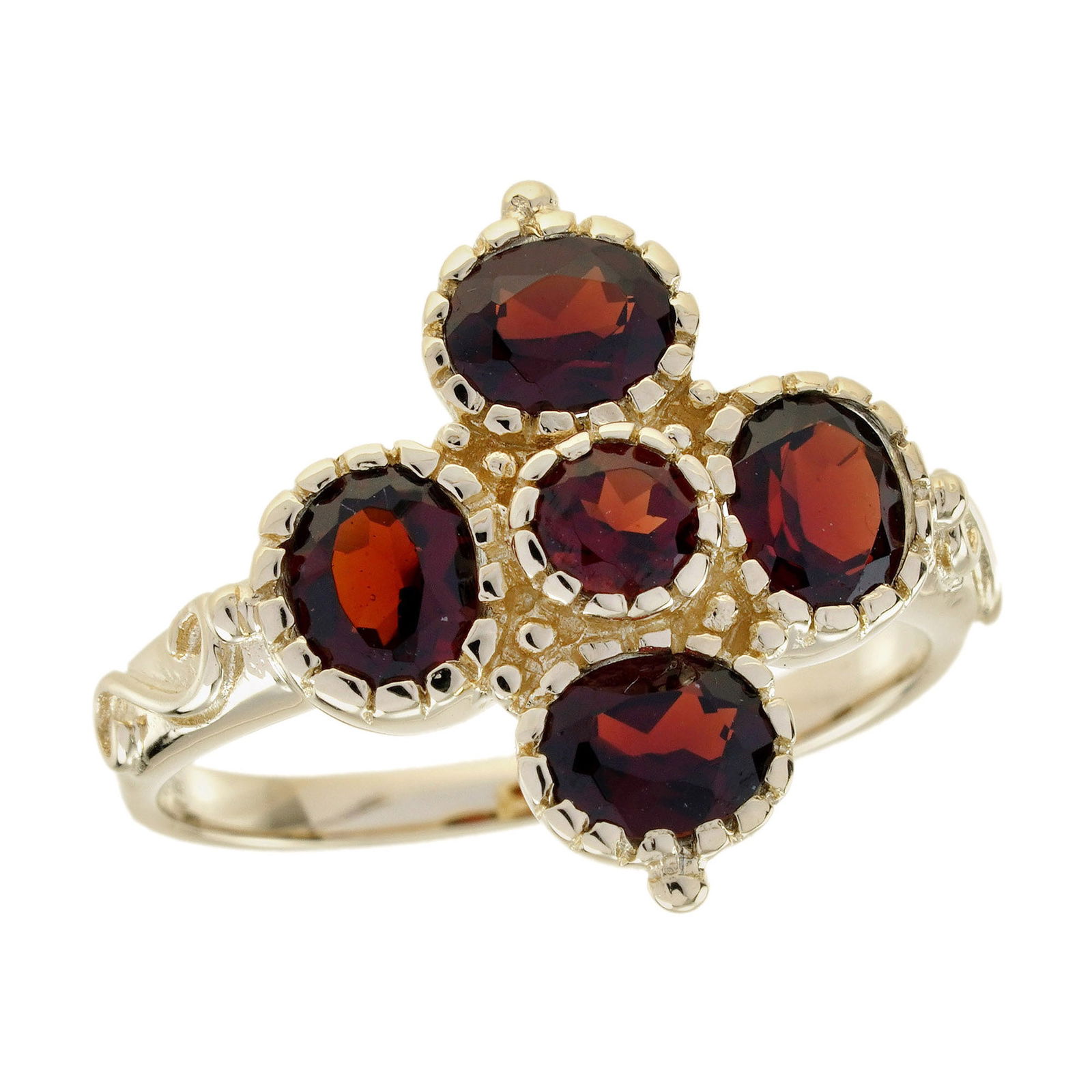 9K Yellow Gold Natural Garnet Vintage Style Floral Cluster Ring: CHARACTERISTICSOrigin: ThailandMetal: Solid 9K Yellow GoldRing Size: US 7Total Gemstones Weight: 2.07 carat. (approx.)Total Gram Weight: 3.05 g. (approx.)*Pictures have been enlarged to show details*P