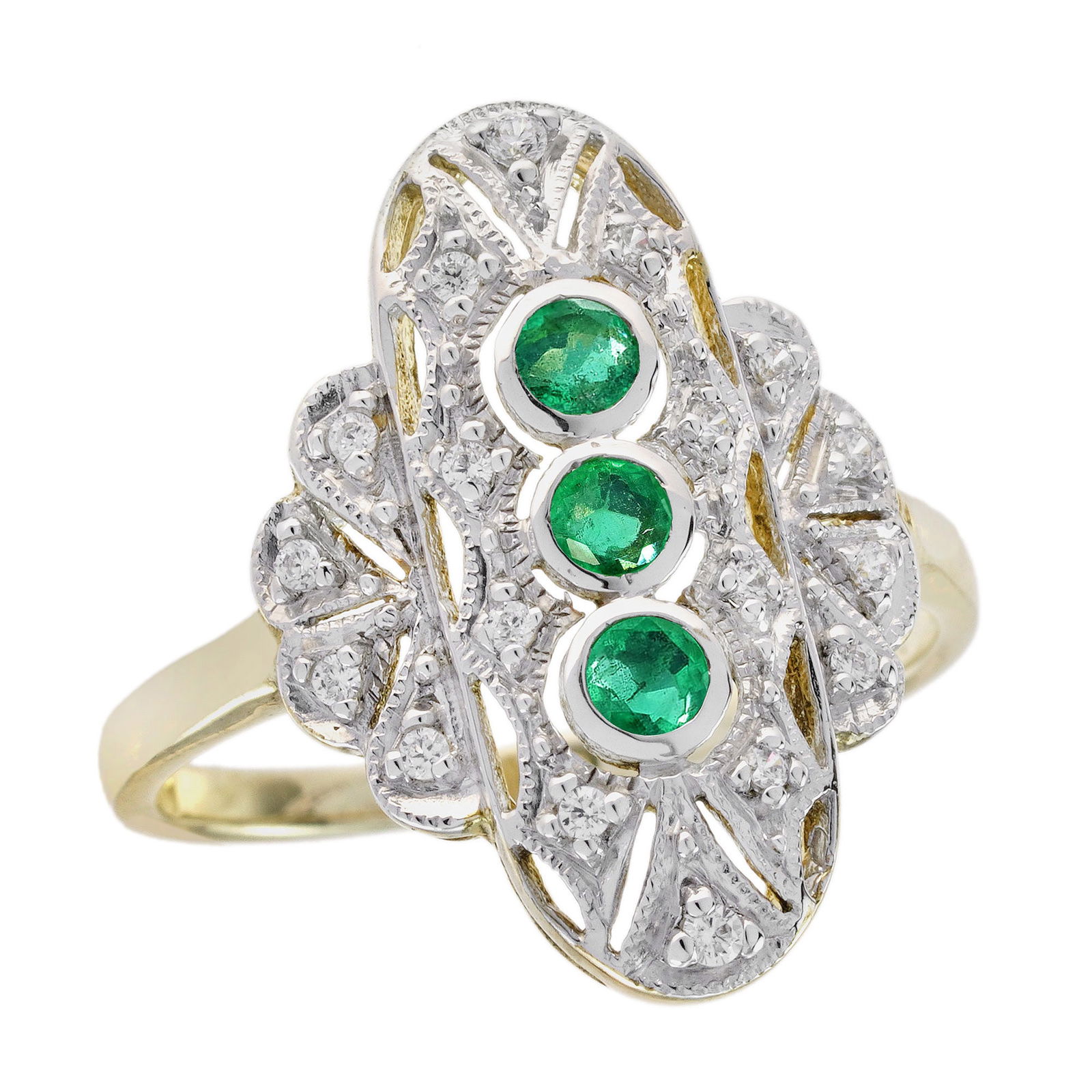 9K Gold Natural Emerald and Diamond Art Deco Style Three Stone Ring: CHARACTERISTICSOrigin: ThailandMetal: Solid 9K White GoldRing Size: US 7Total Gemstones Weight: 0.30 carat. (approx.)Total Gram Weight: 3.29 g. (approx.)*Pictures have been enlarged to show details*PR