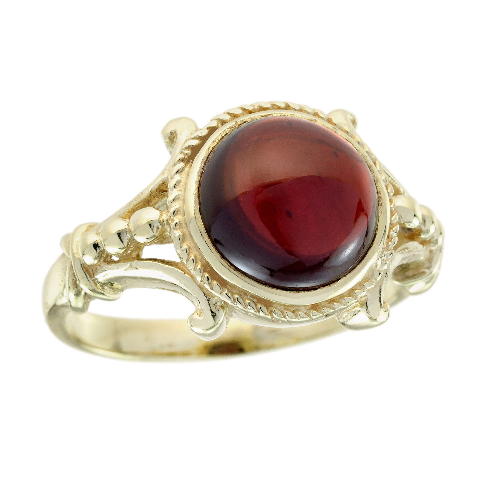 9K Yellow Gold Natural Cabochon Garnet Vintage Style Ring: CHARACTERISTICSOrigin: ThailandMetal: Solid 9K Yellow GoldRing Size: US 7Total Gemstones Weight: 3.70 carat. (approx.)Total Gram Weight: 4.00 g. (approx.)*Pictures have been enlarged to show details*P
