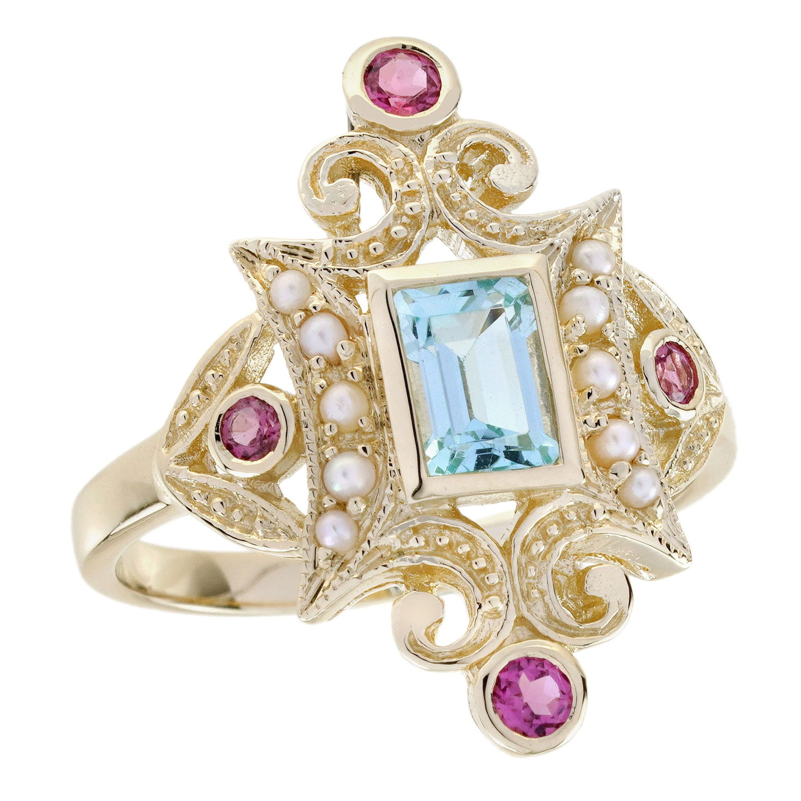 9K Yellow Gold Natural Blue Topaz Pink Tourmaline and Pearl Vintage Style Dinner Ring: CHARACTERISTICSOrigin: ThailandMetal: Solid 9K Yellow GoldRing Size: US 7Total Gemstones Weight: 0.89 carat. (approx.)Total Gram Weight: 3.80 g. (approx.)*Pictures have been enlarged to show details*P