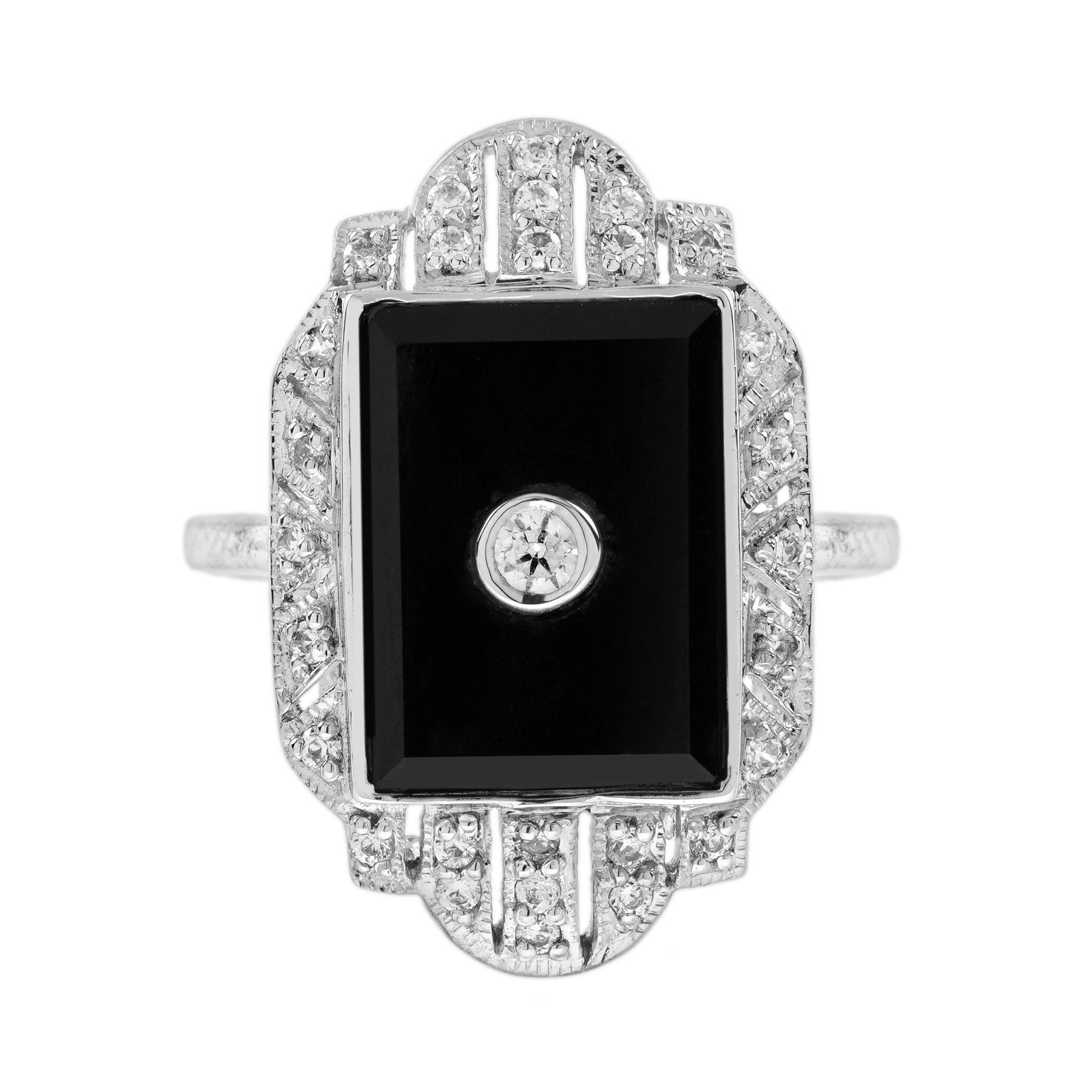 14K White Gold Natural Diamond and Onyx Art Deco Style Dinner Ring (1 of 10)