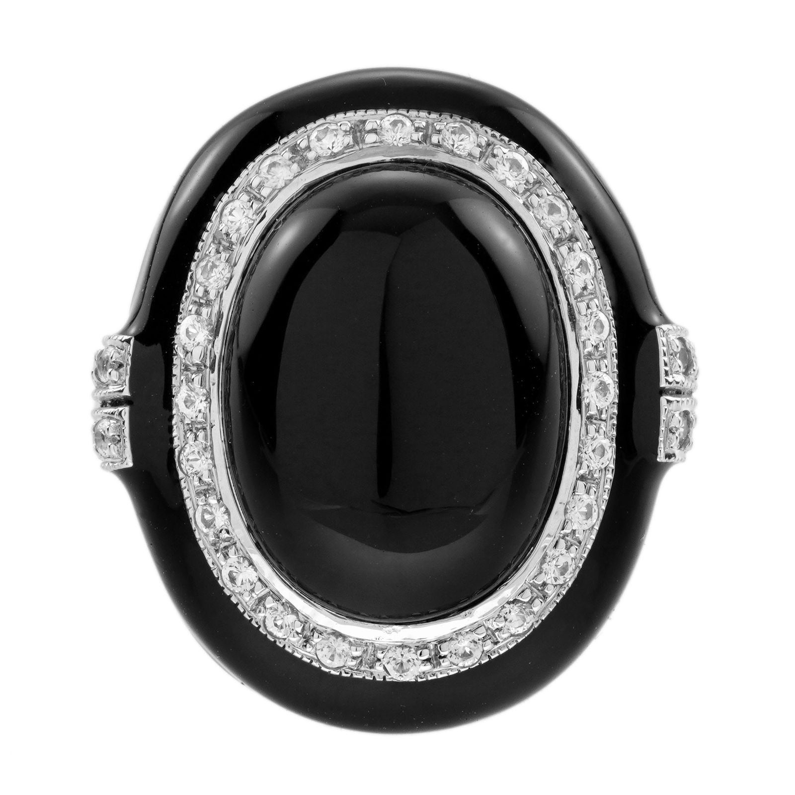 9K White Gold Natural Cabochon Onyx White Sapphire and Enamel Art Deco Style Cocktail Ring: Ring InformationStyle: Art-decoMetal: 9K White GoldWeight: 6.25 g. (approx. total weight)Size: US 7Center Gemstones Type: OnyxShape: Oval CabochonSize: 16 x 12 mm.Number: 1Weight: 7.95