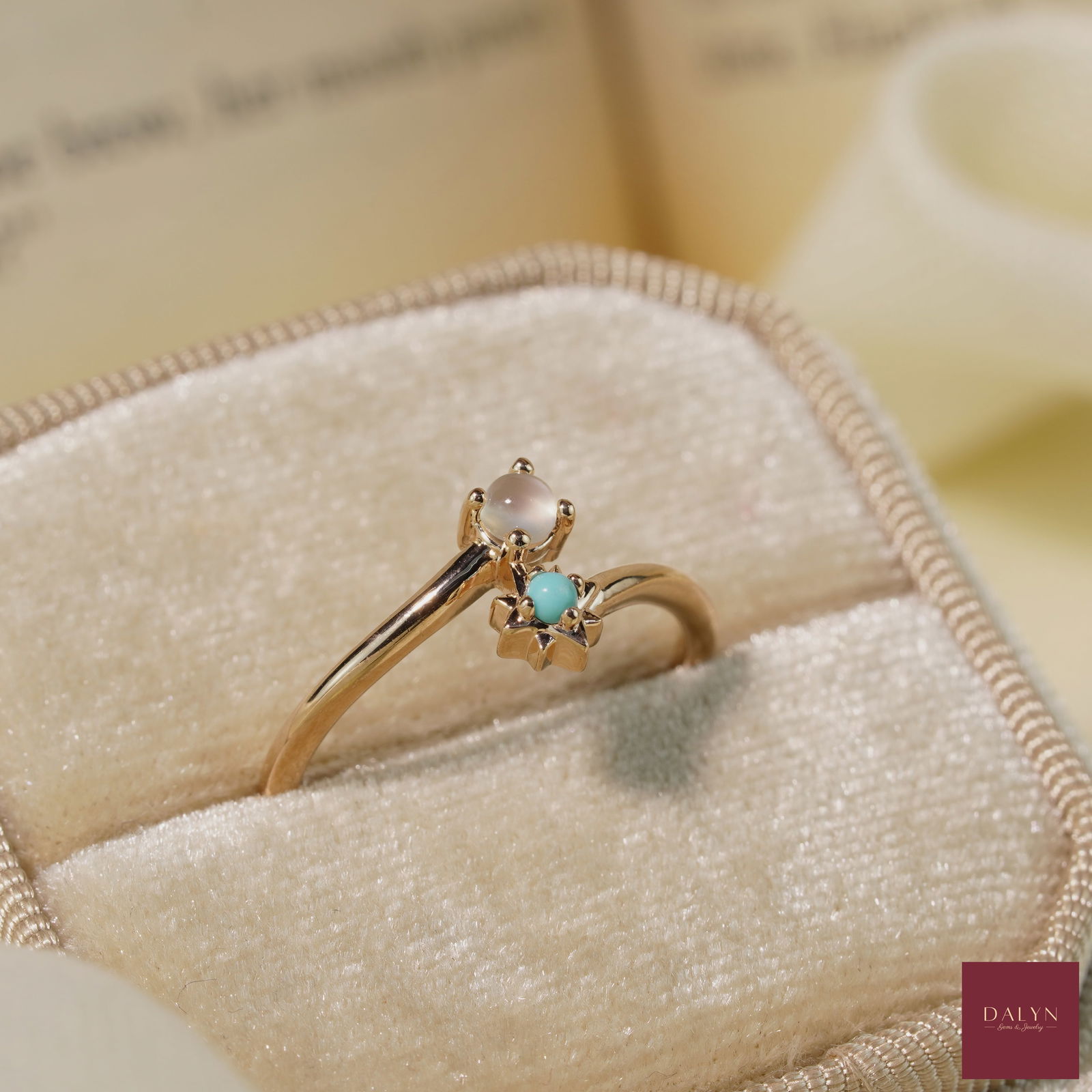 18K Rose Gold Plate Sterling Silver Natural Moonstone and Turquoise: No Reserve! 18K Rose Gold Plate Sterling Silver Natural Moonstone and Turquoise Stone: Natural Moonstone, Turquoise Metal: Gold plated silver 925 Approx. Weight: 1.47 g. Approx. Gemstone Weight: 0.17