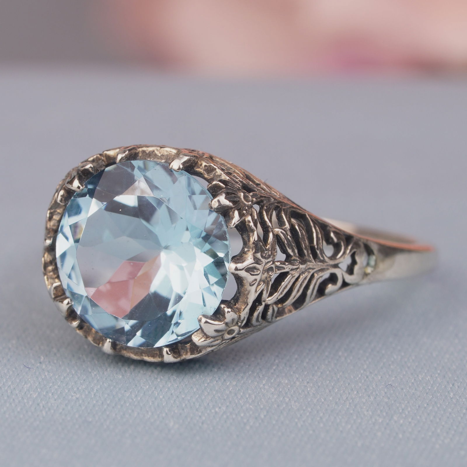 Silver925 Natural Blue Topaz Vintage Filigree Ring (1 of 6)