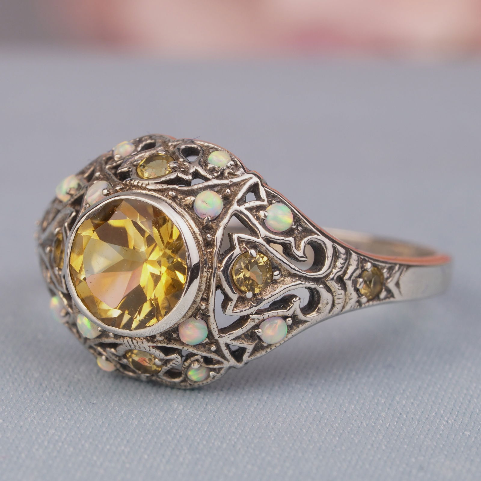 Silver925 Natural Citrine Synthetic Opal White Vintage Filigree Ring (1 of 6)