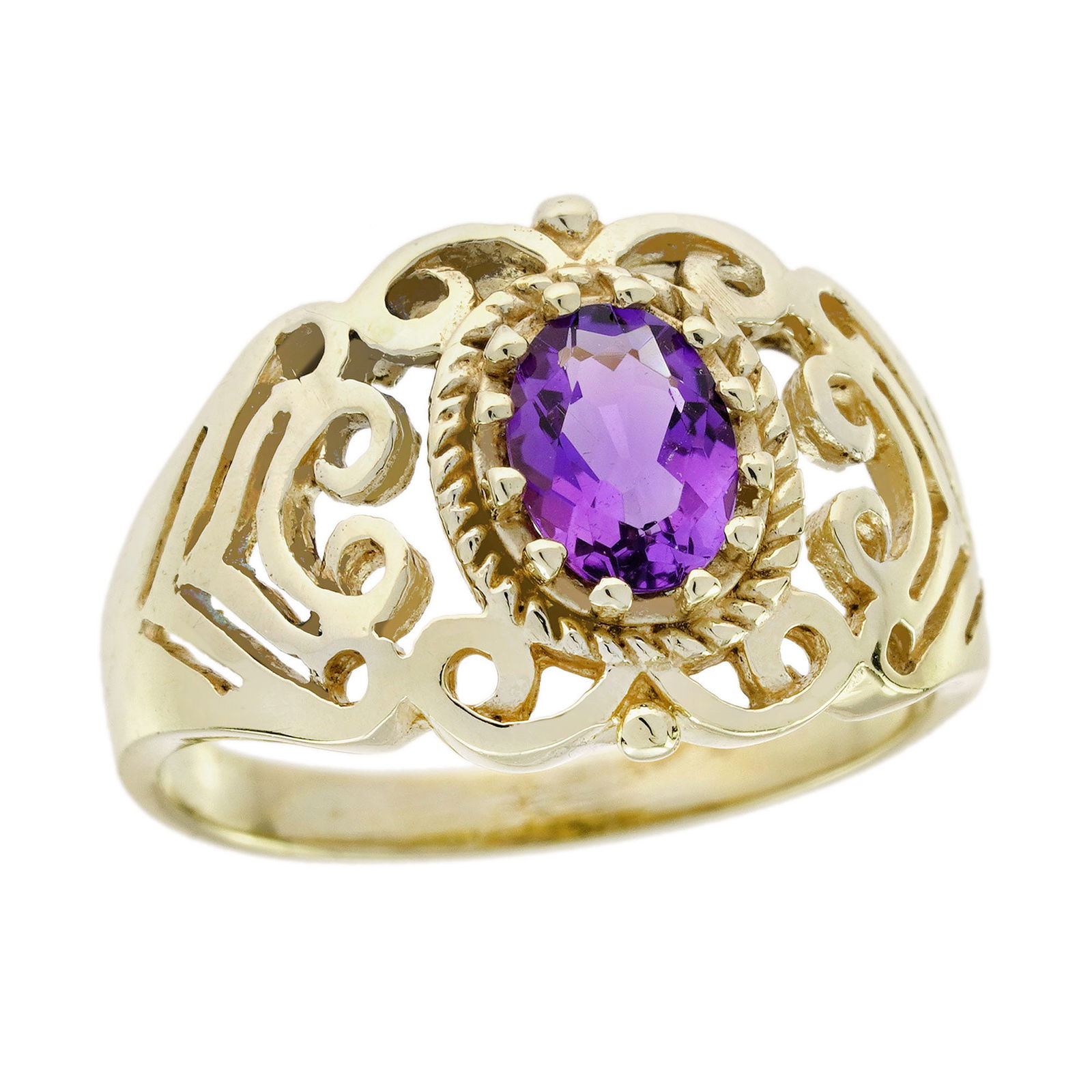 9K Yellow Gold Natural Amethyst Vintage Style Filigree Ring (1 of 10)