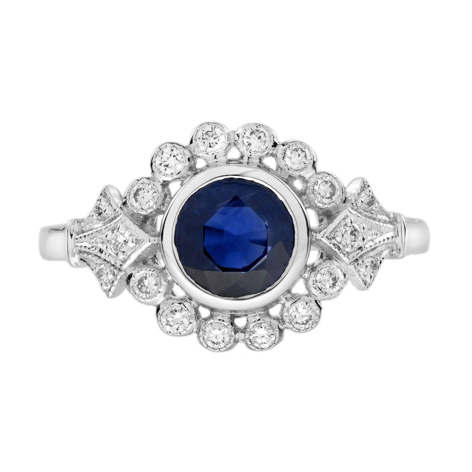 18K White Gold Natural Blue Sapphire Diamond Art Deco Style Engagement Ring (1 of 8)