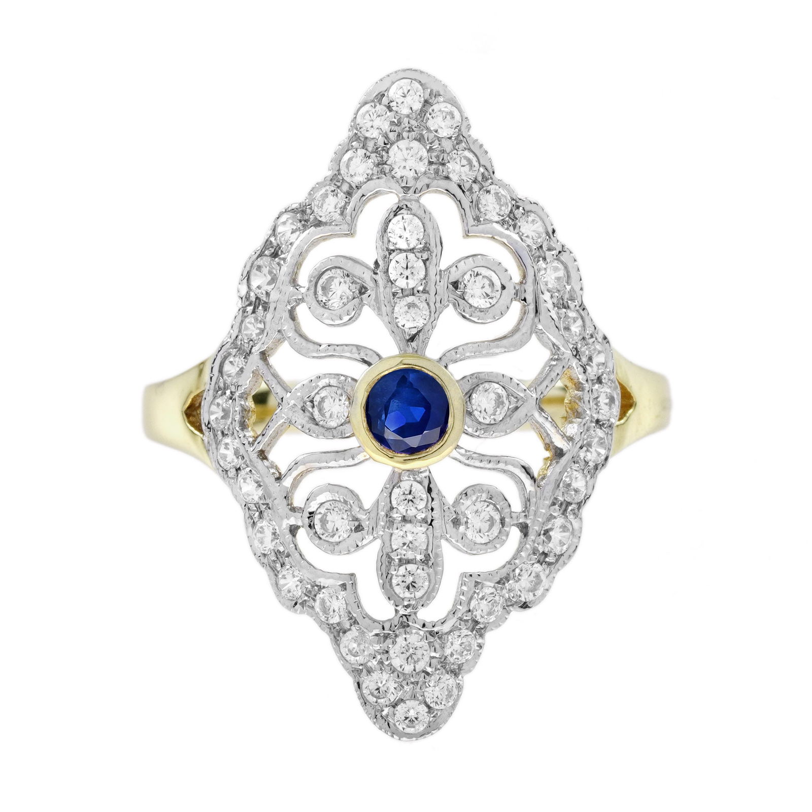 14K Yellow Gold Natural Sapphire and Diamond Antique Style Cocktail Ring (1 of 10)