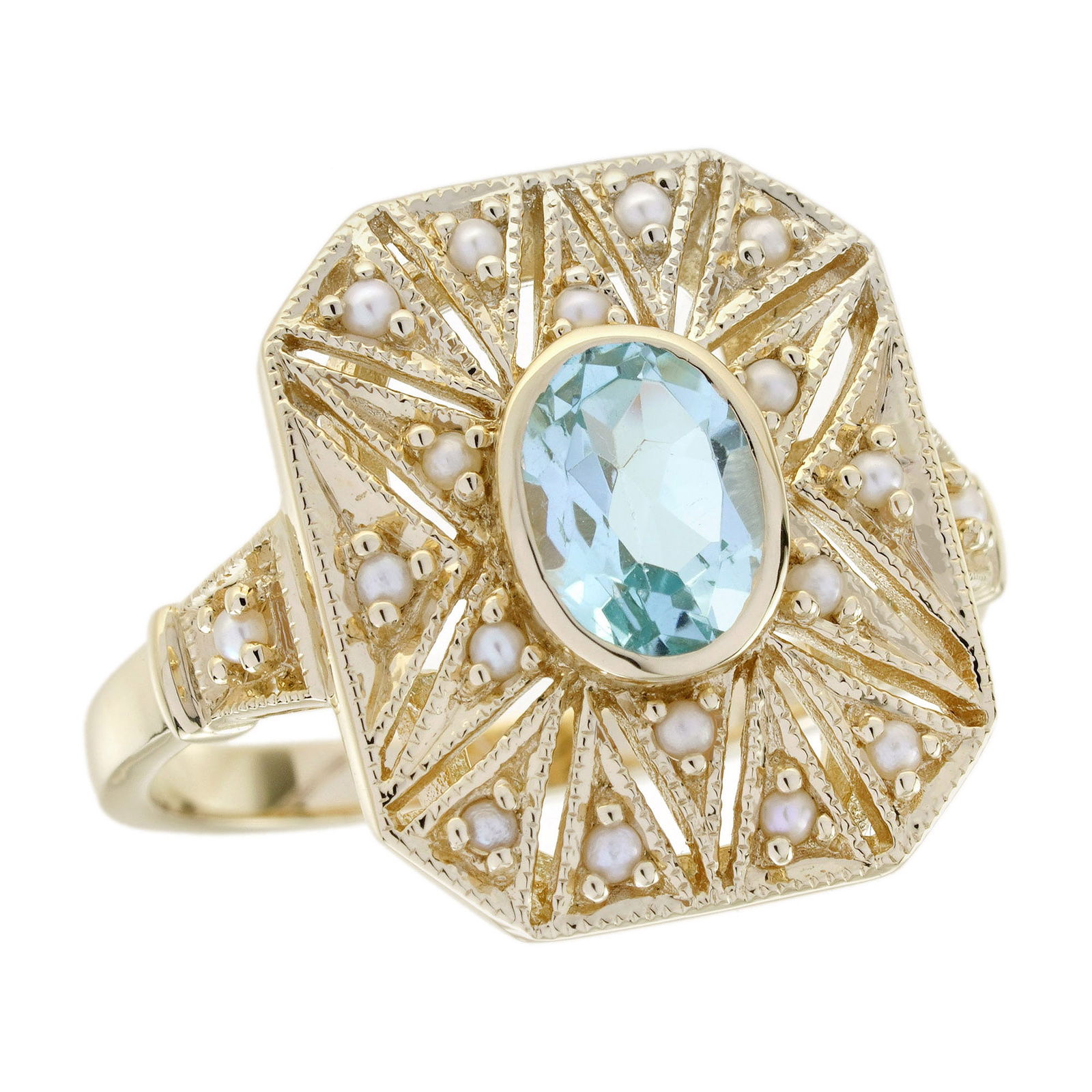 9K Yellow Gold Natural Blue Topaz and Pearl Vintage Style Halo Ring: CHARACTERISTICSOrigin: ThailandMetal: Solid 9K Yellow GoldRing Size: US 7Total Gemstones Weight: 0.97 carat. (approx.)Total Gram Weight: 3.90 g. (approx.)*Pictures have been enlarged to show details*P
