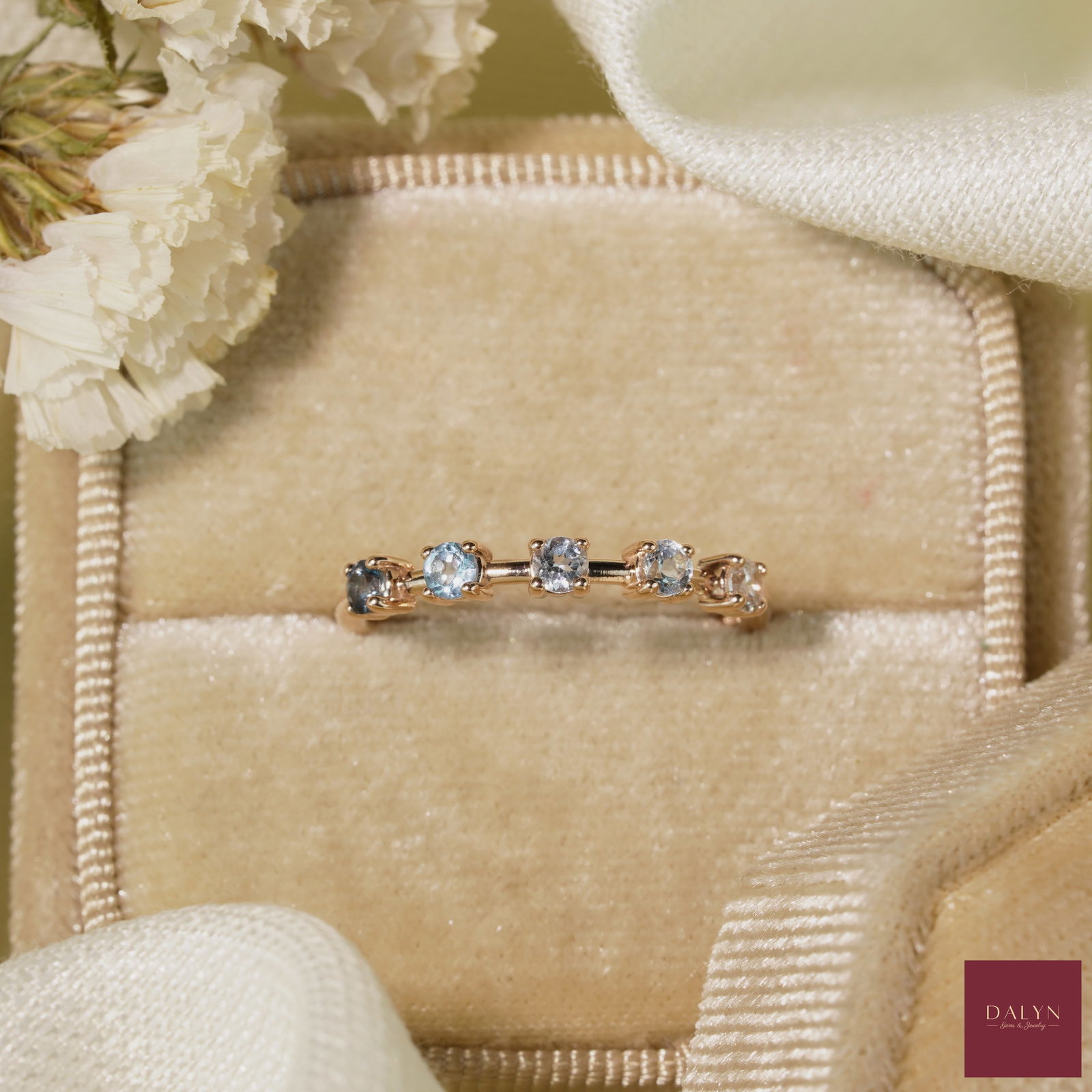 18K Rose Gold Plate Sterling Silver Multi Natural Blue Gemstone Eternity Ring: No Reserve!18K Rose Gold Plate Sterling Silver Multi Natural Blue Gemstone Eternity Ring Stone: Natural London Blue Topaz, Swiss Blue Topaz, Sky Blue Topaz and White Zircon Metal: Gold plated silver 9