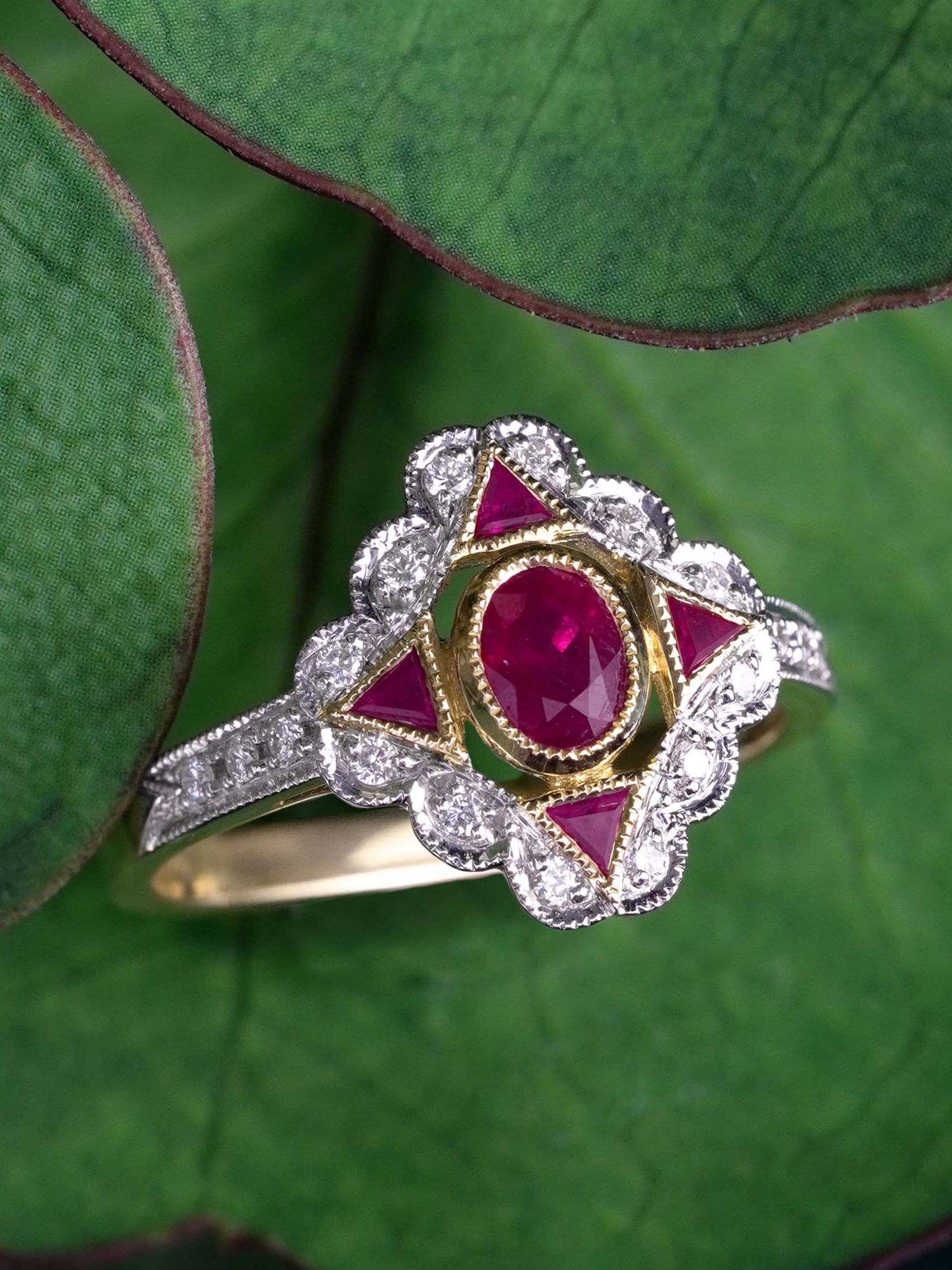 14K Yellow Gold Natural Ruby and Diamond Art Deco Style Ring: Ring InformationStyle: Art-decoMetal: 14K Yellow GoldTotal weight: 3.52 g. (approx. total weight)Ring size: US 7 Center GemstonesType: RubyShape: OvalSize: 5 x 4 mm.Number: 1Weight: 0.