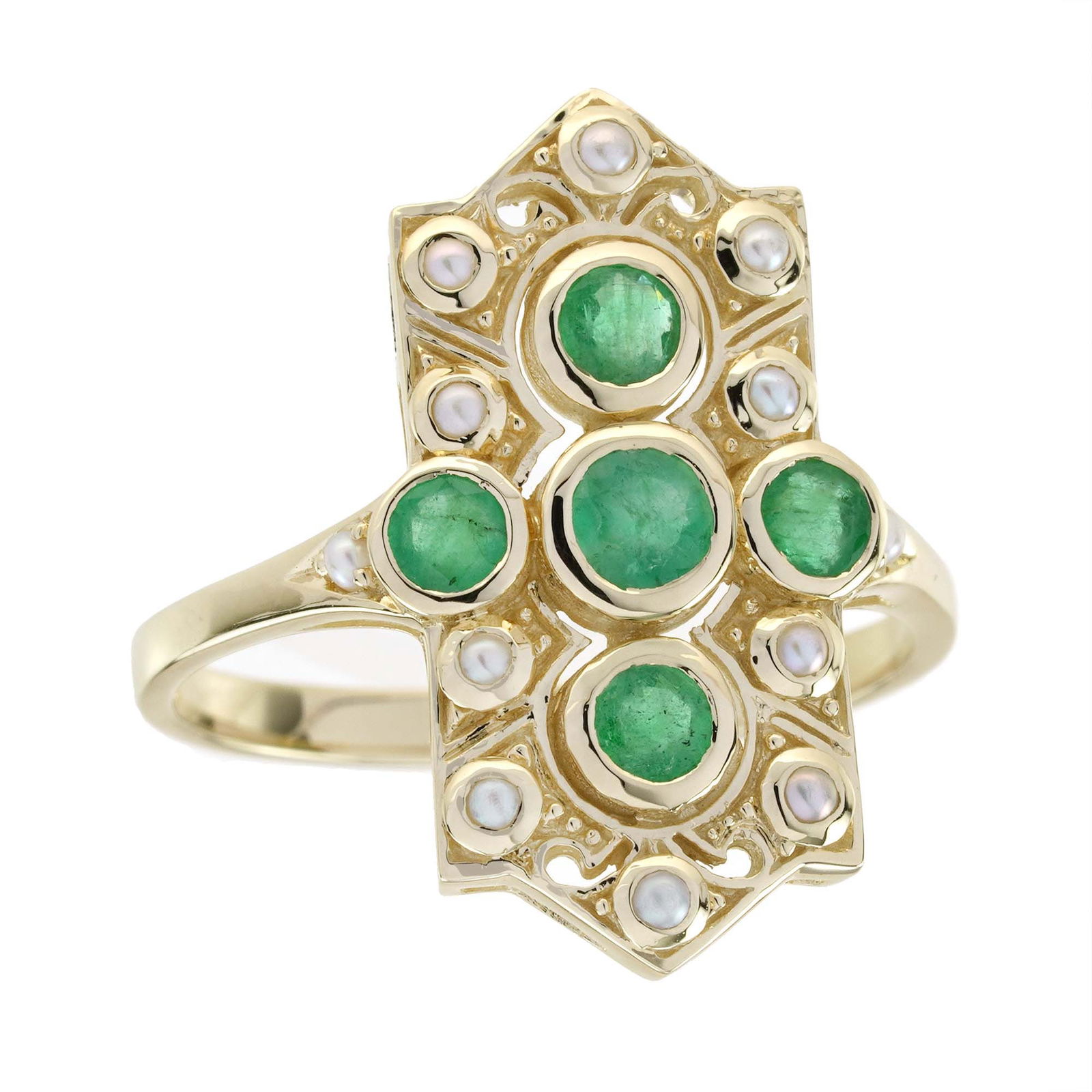 9K Yellow Gold Natural Natural Emerald and Pearl Vintage Style Cocktail Ring (1 of 8)