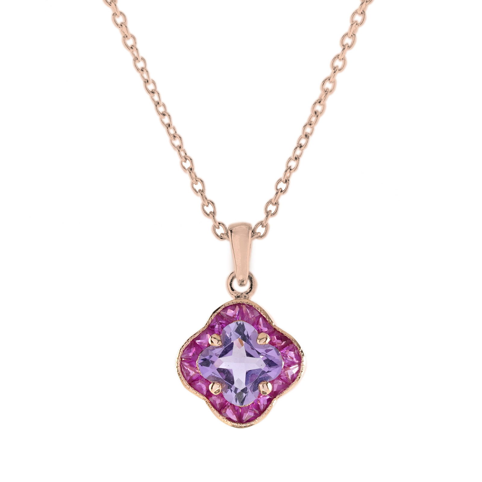 14K Rose Gold Natural Lily Cut Pink Amethyst and Ruby Pendant Necklace: Necklace InformationStyle: Art DecoMetal: 14K Rose GoldWidth: 10 mm.Length: 15 mm.Weight: 2.35 g. (approx. in total)Center Gemstones Type: Pink AmethystShape: Lily CutSize: 5.4 x 5.4 mm.