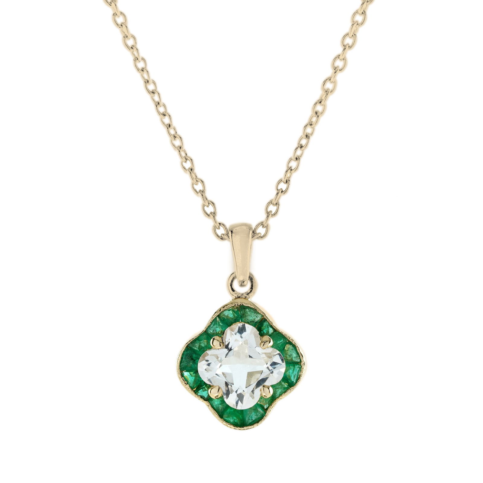 14K Yellow Gold Natural Casa Blanca Lily Cut White Topaz and Emerald Pendant Necklace (1 of 10)