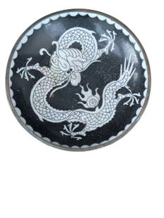 Metal Enameled Black and White Dragon Small Trinket Plate: Decorative Chinese Metal Enameled Black and White Dragon Trinket Plate displaying a spiraling Chinese Dragon. Back of plate is a beautiful green and it is stamped "China".Approximately: 3.75"W or 9.3C