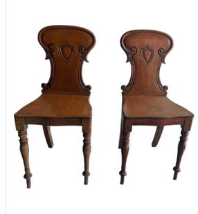 19th Century English Late Regency Solid Oak Hall Chairs - Pair: Sought after exquisite 19th Century Engligh Late Regency Solid Oak Hall Chairs-pair. Approximately:17"W or 43.5CM33.5"W or 86CM16.5"D or 43CM