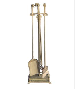 Antique Brass Fireplace Tool Set with Duck Head Handles: Antique Brass Fireplace Tool Set with Duck Head Handles. Solid Brass featured in rich patina and with original stamp on the underside. Approximately:9"W or 22.86CM5.5"D or 13.97CM32.5"H or 82.55CM
