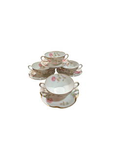 Limoges Theodore Haviland Baltimore Rose Double Handle Porcelain Teacup and Saucer: Seven (7 teacups and 7 saucers) Limoges Theodore Haviland Baltimore Rose Double Handle Porcelain Teacup and Saucer; hand-painted in Pink with Gold Gilt.