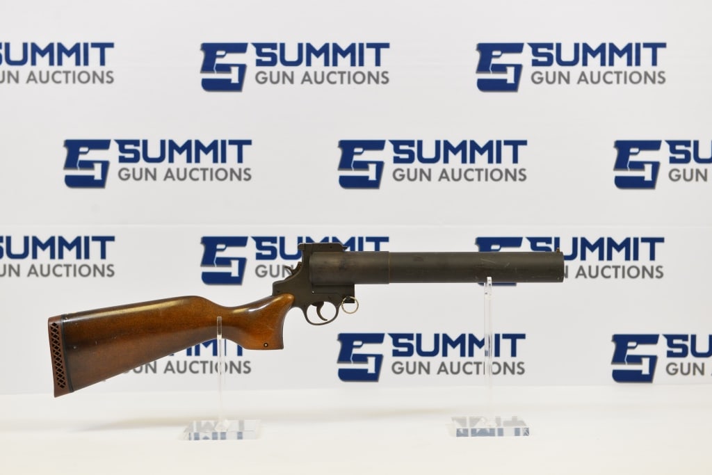 Smith & Wesson Chermical Model 278 Gas Gun 37mm: A rare S&W Chemical Company Inc. Gas Model 278 a 37mm caliber with a 14" break action barrel, sling attachment. A hammer fired wood stocked carbine with a 14" barrel. Both using the N-Frame design. Pl