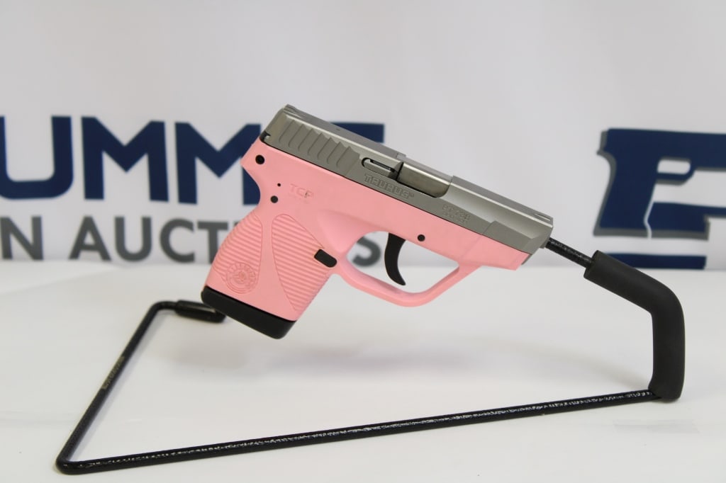 Taurus PT 738 TCP .380 Auto: This Taurus PT 738is chambered in .380 ACP. It is the perfect carry gun for your wife or girlfriend, with a hot pink frame and matte stainless steel slide and barrel. This semi automatic pistol is in 