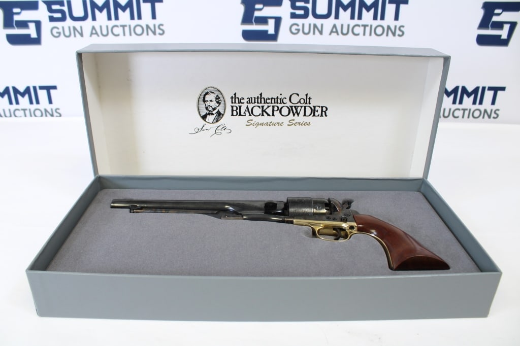 Colt 1860 Army Blackpowder .44 Cal: Boxed Reissue Black Powder Series U.S. Colt Model 1860 Army Percussion Revolver. Serial no. 217172, .44 caliber, 8-inch barrel. Blued finish. Case-hardened lever, hammer and frame. Brass trigger guard