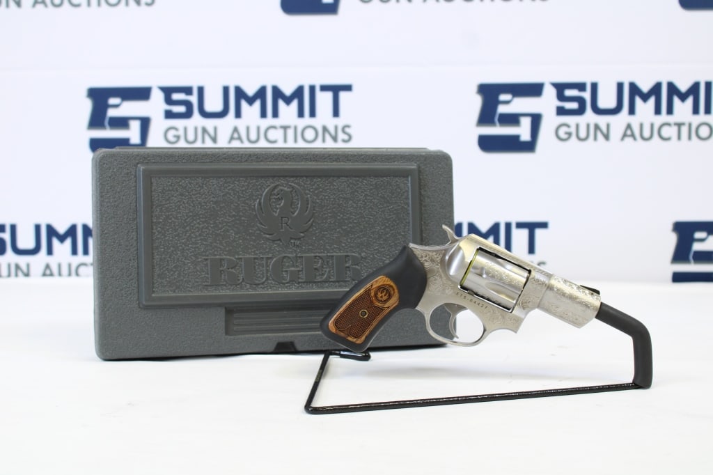 Ruger SP101 .357 Magnum: This Ruger SP101 is chambered in .357 Magnum. This double action revolver has a ramp front sight with grooved rear, rubber and wood grips, and a 5-round cylinder. This limited edition Ruger comes with