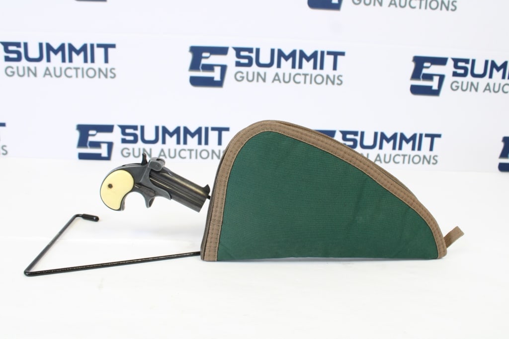 Excam TA38 .38 Spl: This Excam Model TA .38 Cal. Derringer features over and under barrels on this two shot pocket pistol. The barrel breaks open upwards and has integrated shell extractor. Moderate wear to finish. No cr