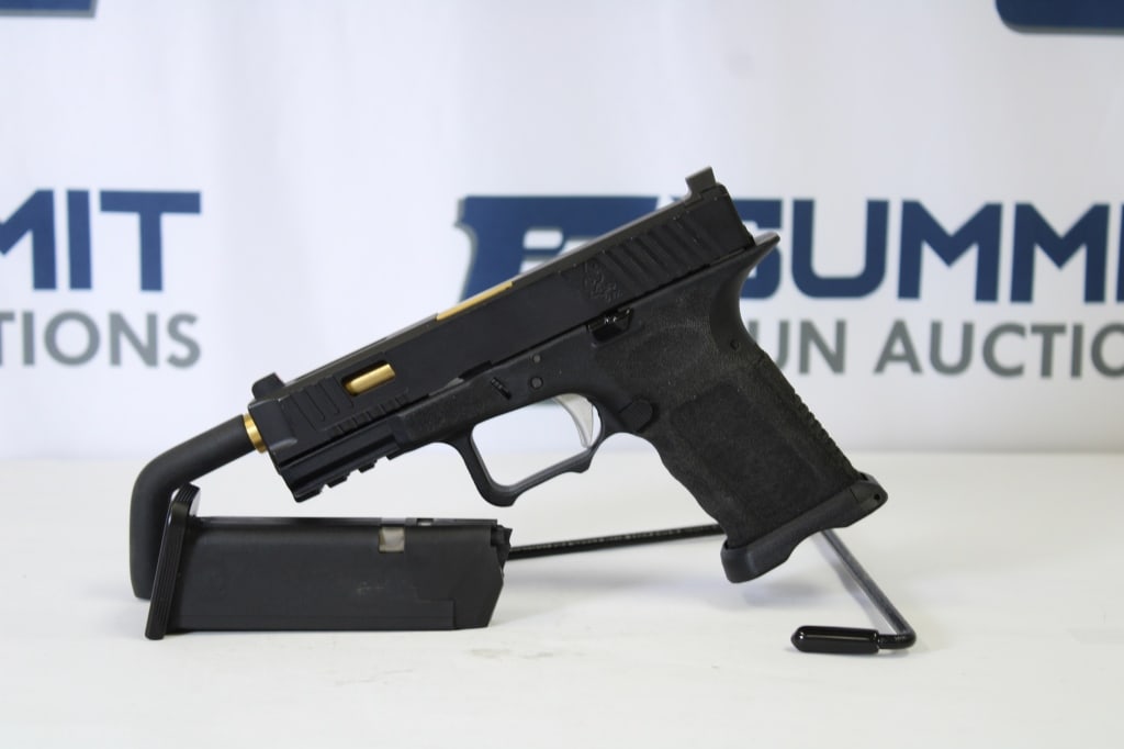 Fire 4 Effect Weapon Systems 9mm: This SBF customs Glock style pistol comes with gold barrel, Trijicon rear sights and fixed front sights, trigger safety, and one magazine. Overall in very good condition. Please see photos. - Bore: Sh
