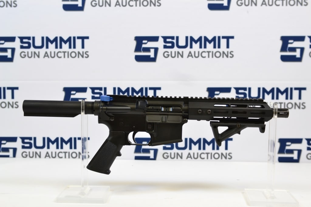 Palmetto State Armory PA-15 5.56 NATO: Up for auction is a Palmetto State PA-15 tactical pistol chambered in 5.56 NATO. This pistol features an 8 inch barrel, angled foregrip, top picatinny rail, and custom blue charging handle. This firea