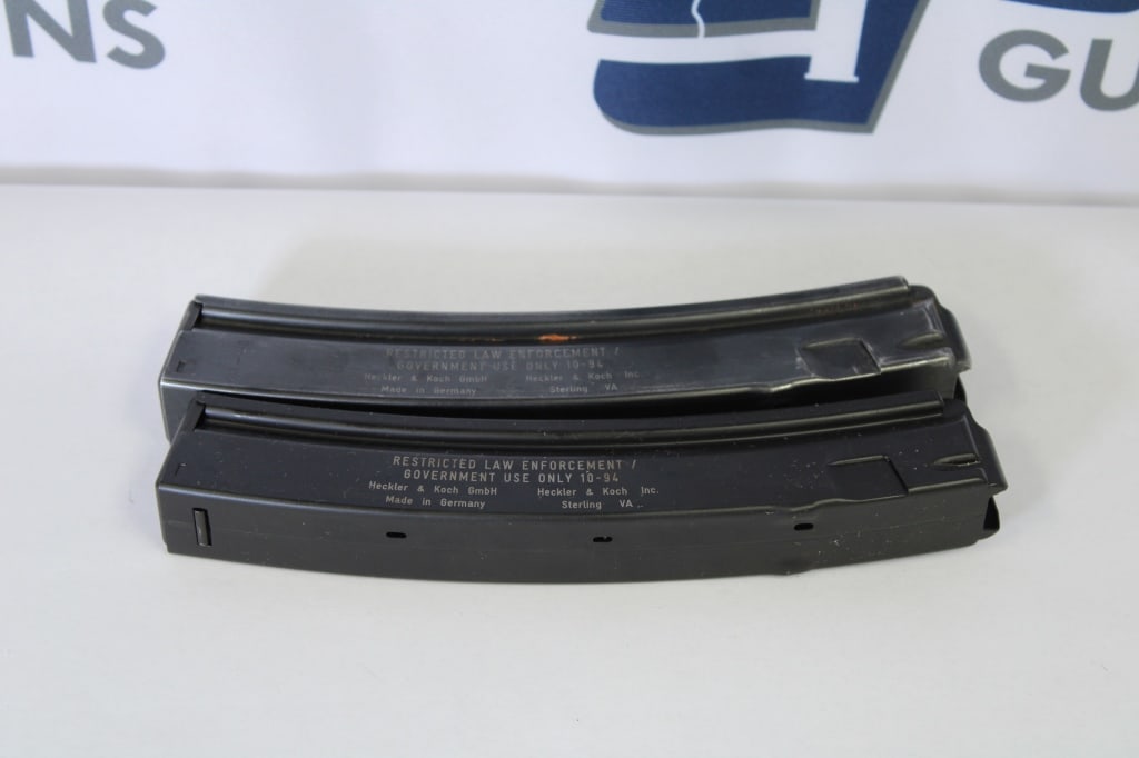 Lot of (2) Heckler & Koch MP5 Magazines 9mm: Up for auction is (2) made in Germany Heckler & Koch 9mm MP5 magazines with the markings "Restricted Law Enforcement / Government Use Only 10-94" on them. Please see photos. - Bore: ; Action: ; Length