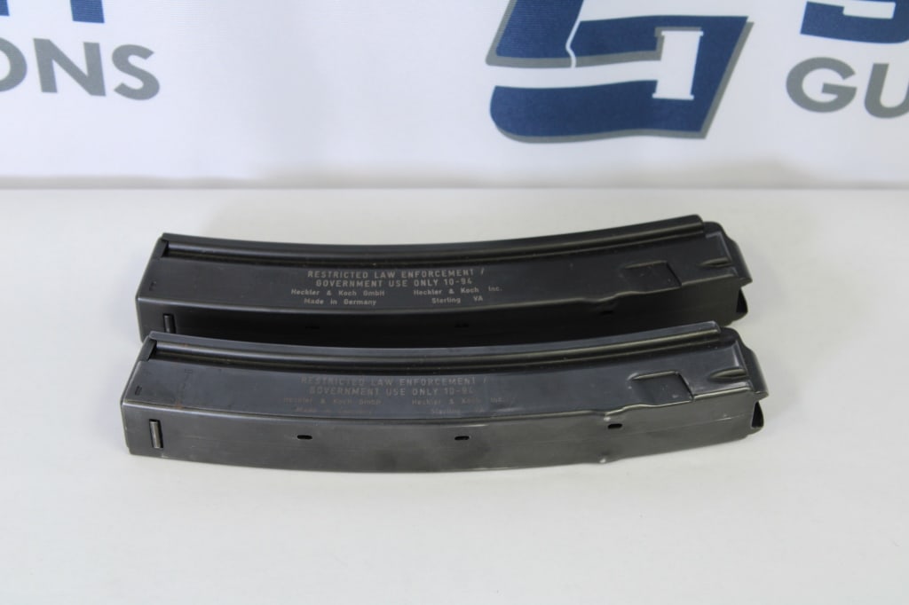Lot of (2) Heckler & Koch MP5 Magazines 9mm: Up for auction is (2) made in Germany Heckler & Koch 9mm MP5 magazines with the markings "Restricted Law Enforcement / Government Use Only 10-94" on them. Please see photos. - Bore: ; Action: ; Length