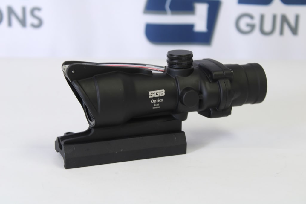 SGB Optics 4x32 ACOG: This SGB brand optics has a rubberized Matte Black Finish, BATTERY-FREE ILLUMINATION; Powered by Fiber Optic, Chevron will adjust the brightness automatically based on light, QD mount for Standard Pic