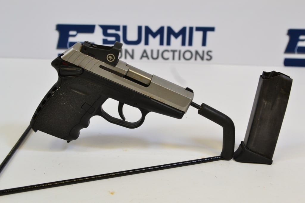 Sccy CPX-1 9mm: This two-toned Sccy pistol comes with fixed front sights, selector safety, Crimson Trace red dot with broken glass, and (1) magazine. Please see photos. ; Barrel Length: 3 ; Bore: Shiny ; Action: Semi