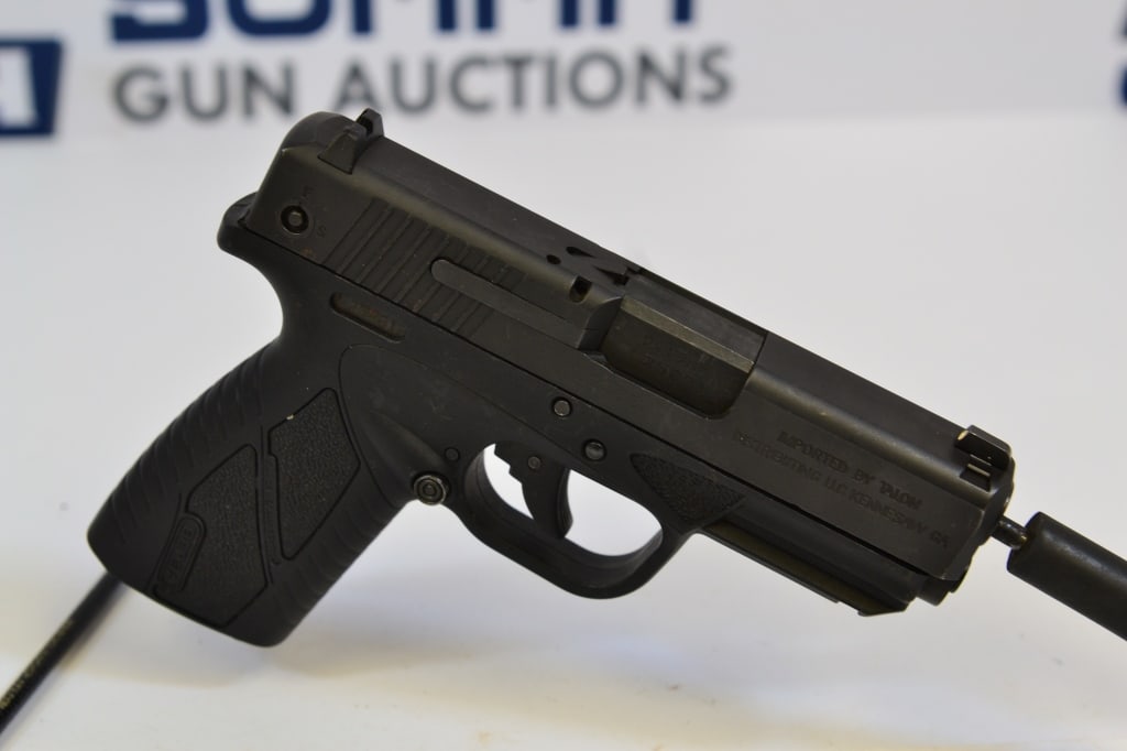 Bersa BP9cc 9mm: Up for auction is a Argentina made 9mm pistol. Comes with fixed front and fixed rear sights, frame rail mount, and no magazine. Overall in good condition. Please see photos. ; Barrel Length: 3.25 ; Bo
