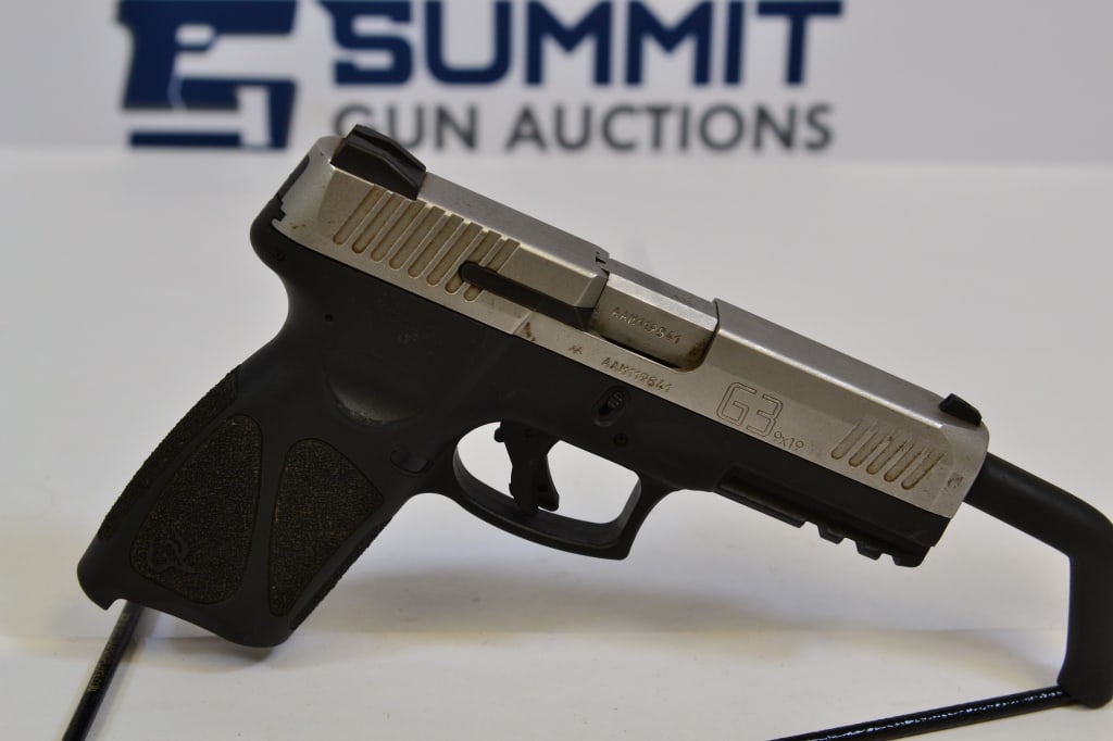 Taurus G3 9mm: Up for auction is a two-toned 9mm that comes with a long 4 inch barrel, selector and trigger safety, lower rail mount, fixed front and fixed rear sights. Please see photos. ; Barrel Length: 4 ; Bore: 