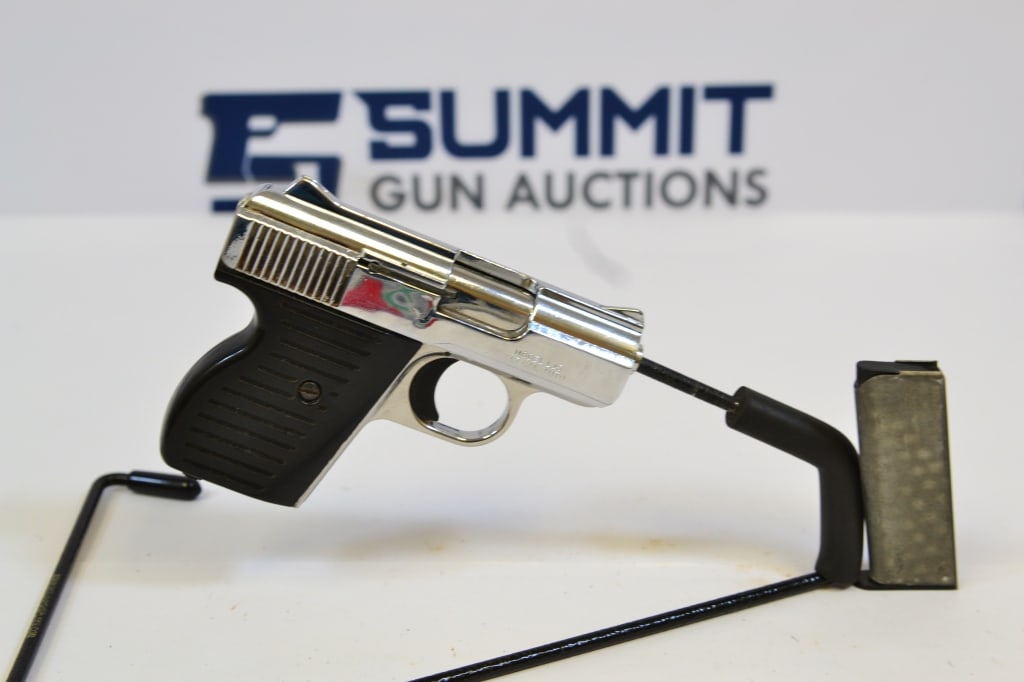 Lorcin L25 .25 Auto: Up for auction is a pocket pistol chambered in .25 Auto. Comes with fixed front and rear sights, stainless finish, plastic grips, and (1) magazine. Overall in good condition. Please see photos. ; Barr