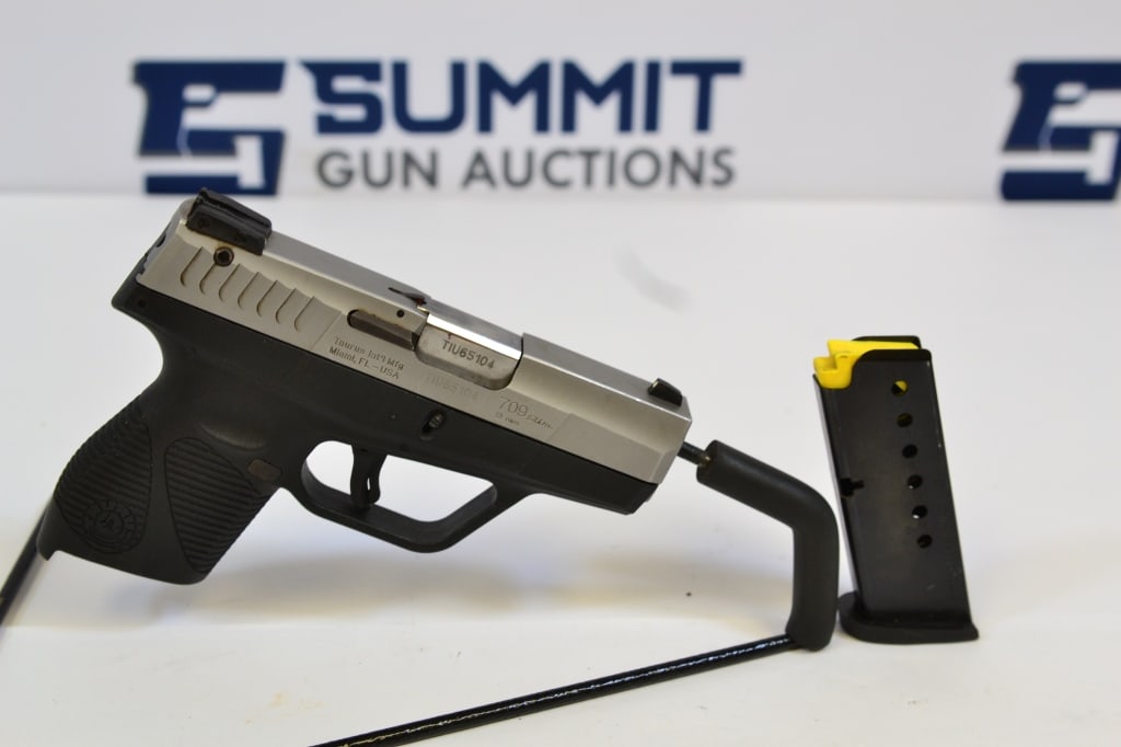 Taurus PT709 Slim 9mm: This Taurus PT709 chambered in 9mm comes with ramp front sight, smooth action, and one magazine. Please see photos. - Barrel Length: 3 ; SN#:TIU65104 - Bore: Shiny ; Action: Semi