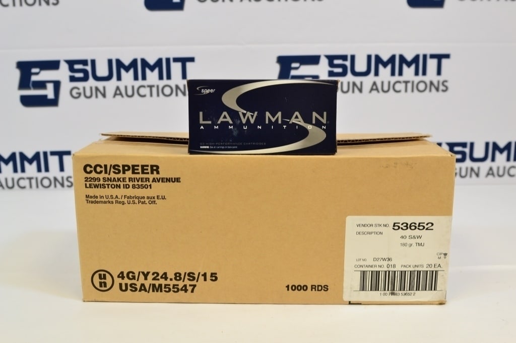 Speer .40 S&W Lawman 180gr TMJ - 1000 rds: Up for auction is 1000 rounds of brand new in box CCI/Speer Lawman.40 S&W 180 grain TMJ(Total Metal Jacket) ammunition. Please see photos. - Barrel Length: ; SN#: -