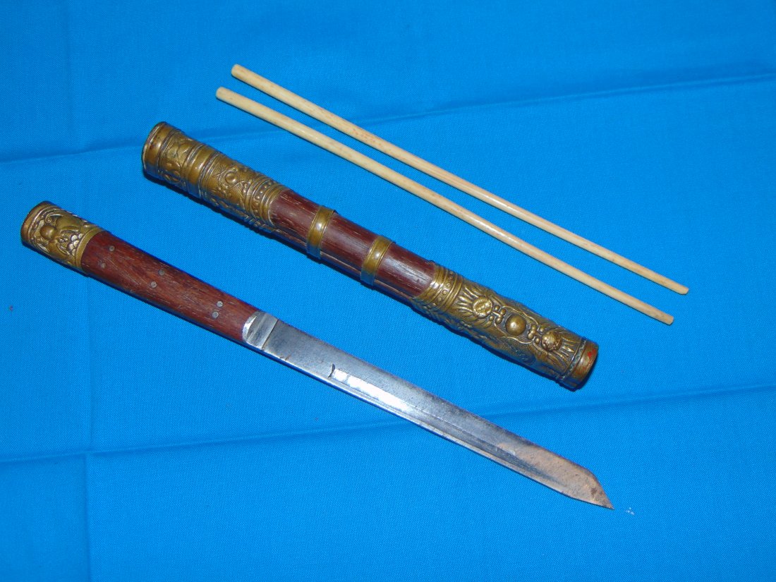 C. 1900 Chinese or Mongolian Eating Utensil Set Trousse, Dragon Decorated: NICE OLD ETAING UTENSIL SET, WOOD HANDLES KNIFE AND BRASS DECORATED CASE WITH BONE CHOP STICKS.