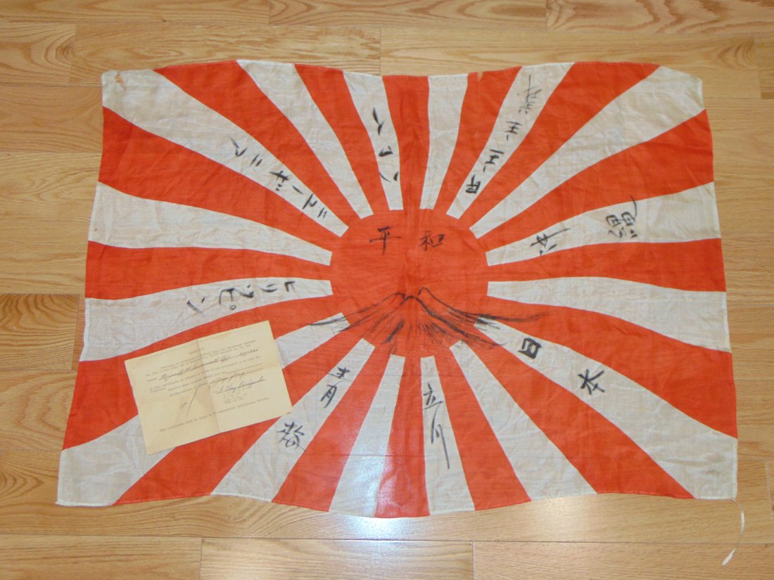 Nice WWII Japanese Silk Rising Sun Battle Flag w/ Kanji & GI Bringback Papers (1 of 8)