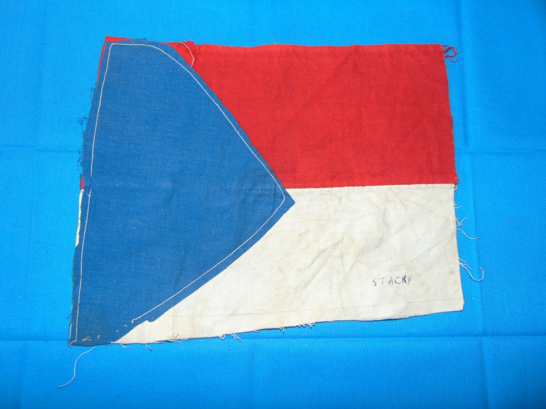 Rare WWII Czechoslovakian Flag, GI Bringback: OFFERED HERE IS THIS RARELY SEEN WWII FLAG OF CZECHOSLOVAKIA. THIS SMALL FLAG MEASURES APPROX. 8"x 9 1/2". ACQUIRED FROM THE FAMILY OF THE GI STACKY, THE STORY IS THAT THESE WERE HUNG BY THE CZECHS WI