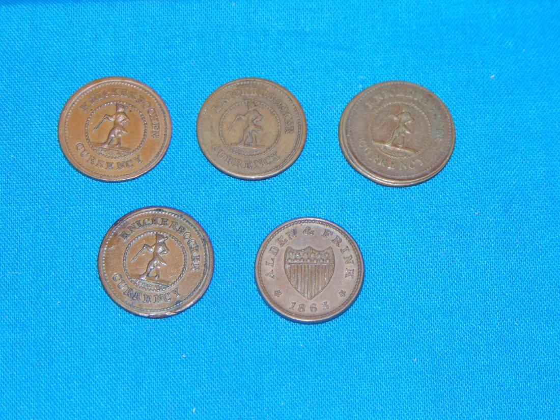 Civil War Hard Times Token Lot of 5, KNICKERBOCKER w/ 1c Pure Copper IOU (1 of 5)