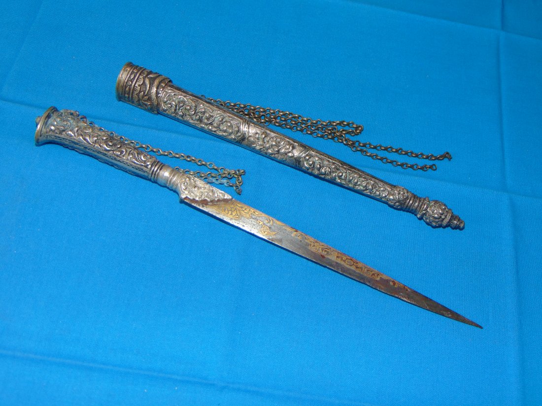19th C. Middle Eastern Dagger,Gold Inlay Blade, Silvered Sheath (1 of 17)