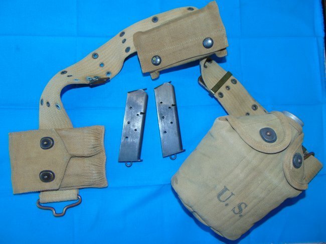 Beautiful WWI Web Belt Rig w/ Canteen, F/A Kit, Pouch & 2 Colt 1911 Two-Tone Lanyard Loop Magazines (1 of 16)