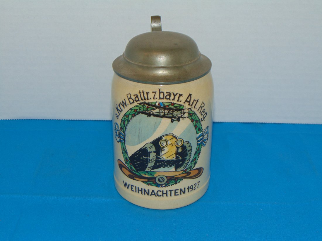 SUPERB Pre-WWII German 0.5L Lidded Stein, 9.KrW.Battr.7.bayr.Art.Reg. WEIHNACHTEN 1927 (1 of 9)